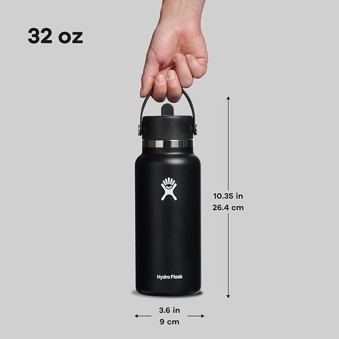 Hydro Flask Water Bottle - Insulated Stainless Steel - Wide Straw Lid, Non Spill, Leakproof in 32 Oz Black