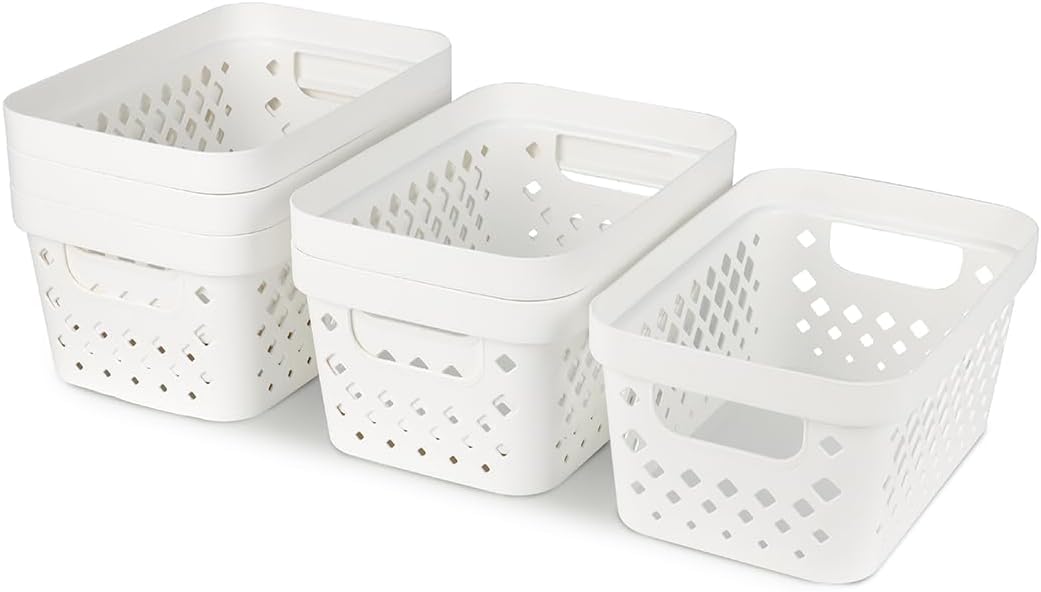 Glad Plastic Baskets for Organizing, Set of 6 | Pantry Storage for Under Counter, Linen Closet, and Bathroom | Nesting Shelf Bins with Handles, 1 Gallon, White