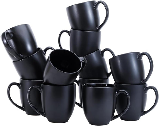 Amazon Basics 12-pack Matte Black Ceramic Coffee Mug, 16 ounces, Microwave-Safe, Stoneware, Commercial-grade
