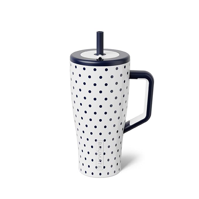 BrüMate Era 30 oz Tumbler with Handle & Straw | 100% Leakproof Insulated Water Bottle Tumbler with Lid & Flexible SoftSip Straw | Made of Stainless Steel | Cup Holder Friendly 30oz (White Polka Dots)