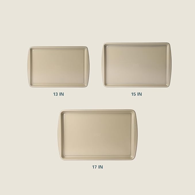 Gibson Home Lyneham 3 Piece Carbon Steel Nonstick Kitchen Baking Pans/Cookie Sheet Bakeware Set, Premium PFA Nonstick Material - Champagne Gold