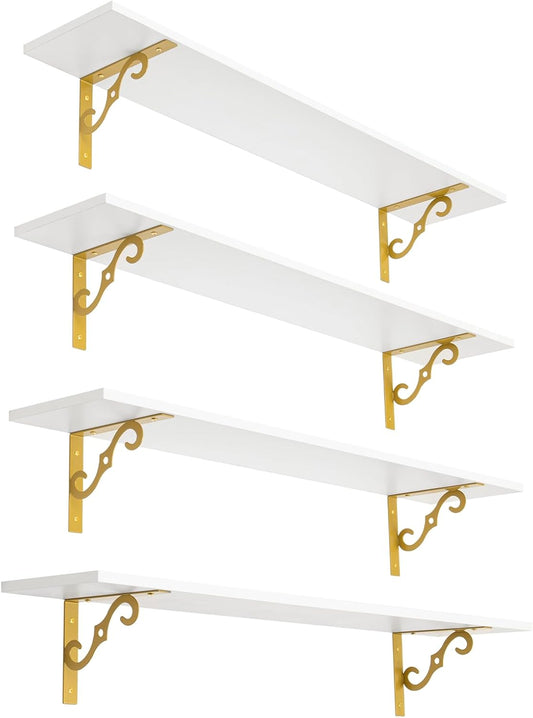 DINZI LVJ Long Wall Shelves, 39.4" Wall Mounted Shelves Set of 4, Wide Floating Shelf with Metal Brackets, for Living Room, Bathroom, Bedroom, Kitchen, Office, White and Gold