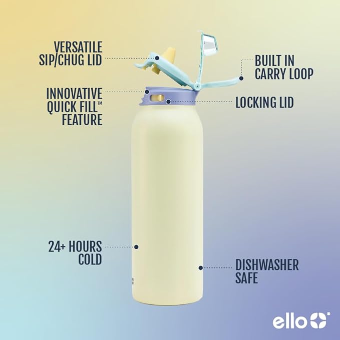 Ello Pop & Fill Stainless Steel Water Bottle with Quick Fill Technology, Double Walled Vacuum Insulated Metal, Leak Proof Locking Lid, Sip & Chug, BPA Free, Holiday Gift for Him Her, 22oz, 32oz, 40oz