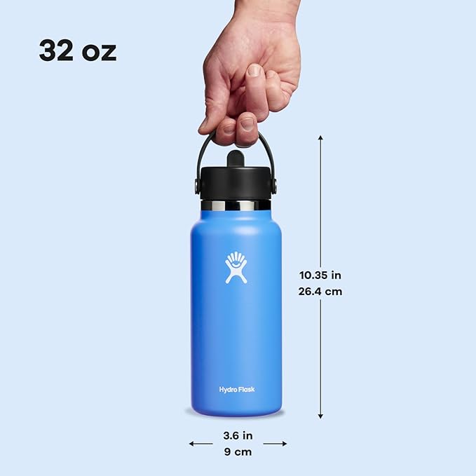 Hydro Flask Water Bottle - Insulated Stainless Steel - Wide Straw Lid, Non Spill, Leakproof in 32 Oz Cascade Blue