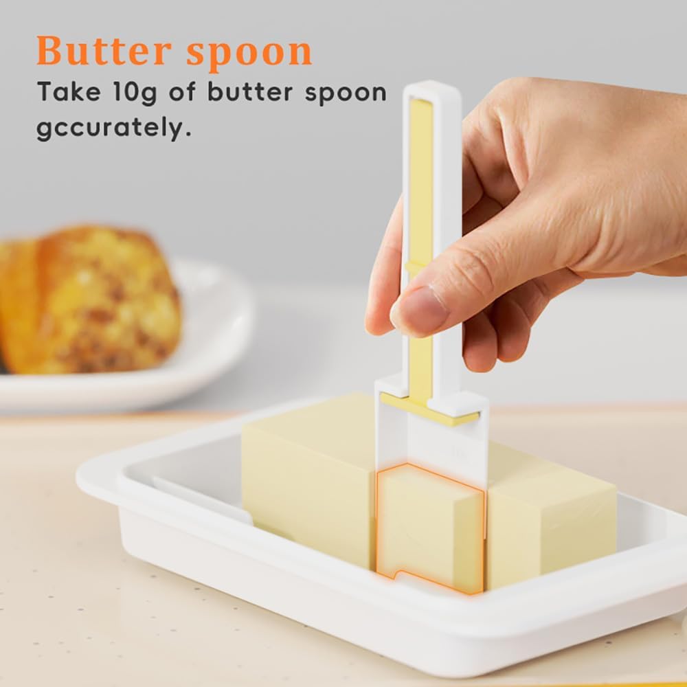 Butter Dish with Precision Spoon, Countertop and Refrigerator, Keep Butter Fresh, Easy Scoop, Plastic Butter Keeper Tray Box for East/West Coast Butter (White, Large)