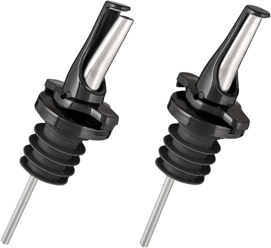 3-in-1 Liquor Pour spout with Built-in Fruit Fly Protection - Dishwasher Safe Hygienic Alcohol Speed Spouts - Also for Olive Oil, Juice, Syrup. Black 2 Pack