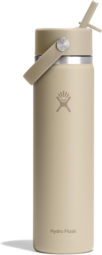 Hydro Flask Water Bottle - Insulated Stainless Steel - Wide Mouth Flex Straw Lid, Non Spill, Leakproof and Refillable in 24 Oz Tonal Oat