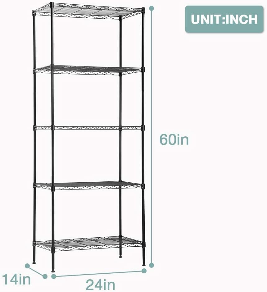 FDW 14Dx24Wx60H Wire Rack 5 Shelf Storage Unit Wire Shelving Unit Metal Shelf Organizer Heavy Duty Certification Commercial Grade Rack Utility for Bathroom Office Kitchen (Black)