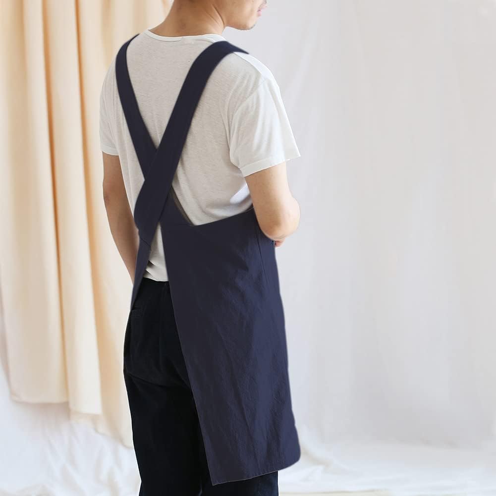 NEWGEM Japanese Linen Cross Back Cooking Aprons for Women Men with Pockets Cute for Baking Kitchen