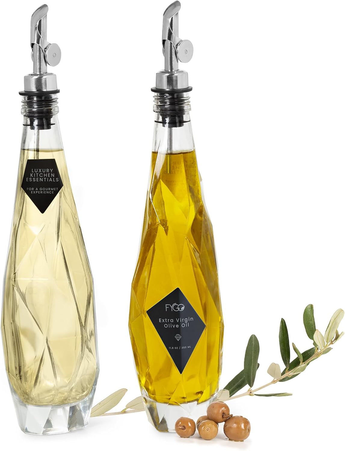 FYGO Diamond Lux Olive Oil Bottle Dispenser - Olive Oil Container- Oil and Vinegar Dispenser Set with Pourer and Funnel - Glass Olive Oil Dispenser Bottle for Kitchen - 350ml - Set of 2