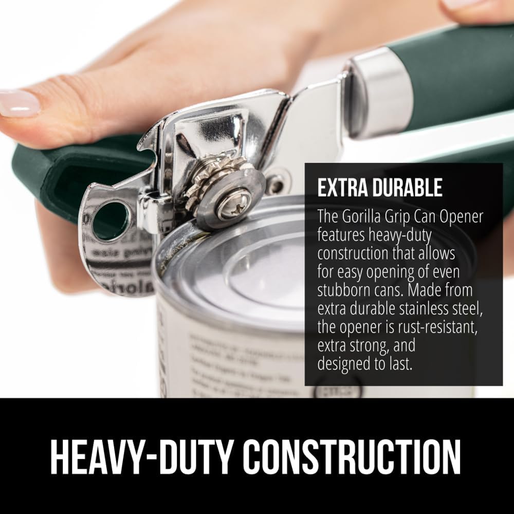 GORILLA GRIP Heavy Duty Stainless Steel Smooth Edge Manual Can Opener and Bottle Openers, Soft Comfortable Handle, Oversized Handheld Turn Knob, US Designed Multifunctional Kitchen Tool, Hunter Green