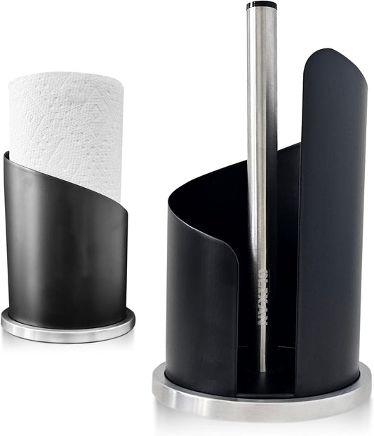 Stainless Steel Paper Towel Holder Countertop, Modern Spiral Cover Design,Keep Paper Towel Clean,Weighted Base for Stability, Freestanding Easy One-Handed Operation for Kitchen Bathroom (Black)