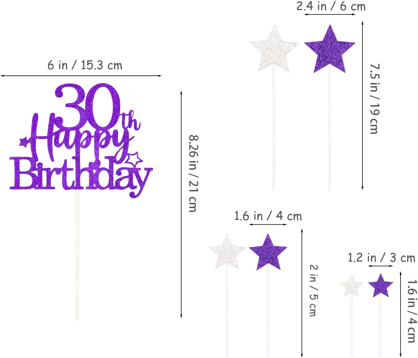 Glittery 30th Happy Birthday Cake Topper with Star,Personalised 30 Birthday Cake Toppers Party Decorations Party Supplies for Men Women Purple Silver