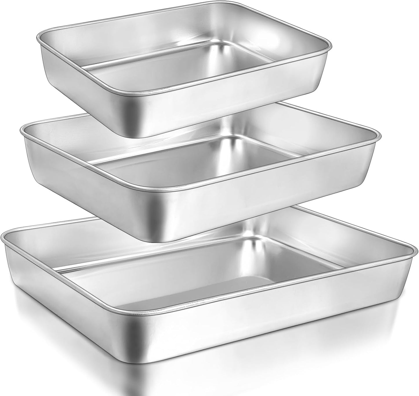 Baking Pans Set of 3, Commercial Grade Stainless Steel Cookie Pan for Baking, 12/10/9 Inch, Rectangle Bakeware Set for Cakes Breads Lasagna Casseroles, Rust & Warp Resistant & Nonstick, Heavy Duty
