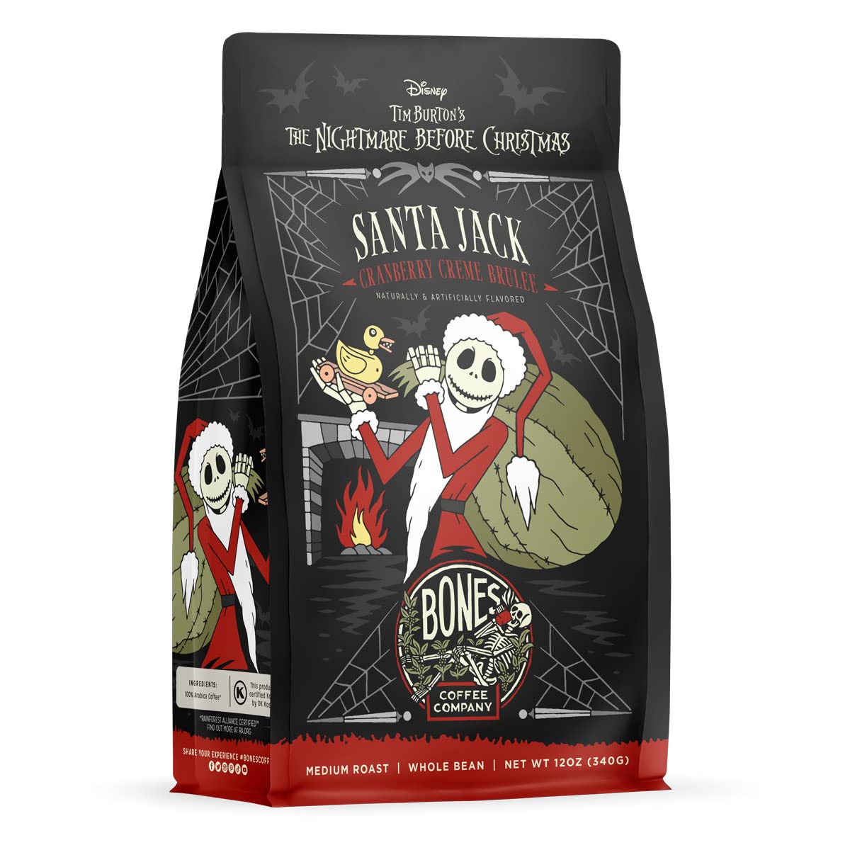 Bones Coffee Company The Nightmare Before Christmas Santa Jack Flavored Coffee Beans, Whole Bean Coffee Medium Roast Low Acid, Cranberry Creme Brulee Flavor (12 oz)