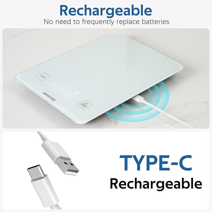 IP67 Waterproof Food Scale with Tempered Glass Surface, 22lb Kitchen Scale 1g Precision, USB Rechargeable, LED Display, Grams and Ounces, for Baking, Cooking, Making Sourdough Bread. White