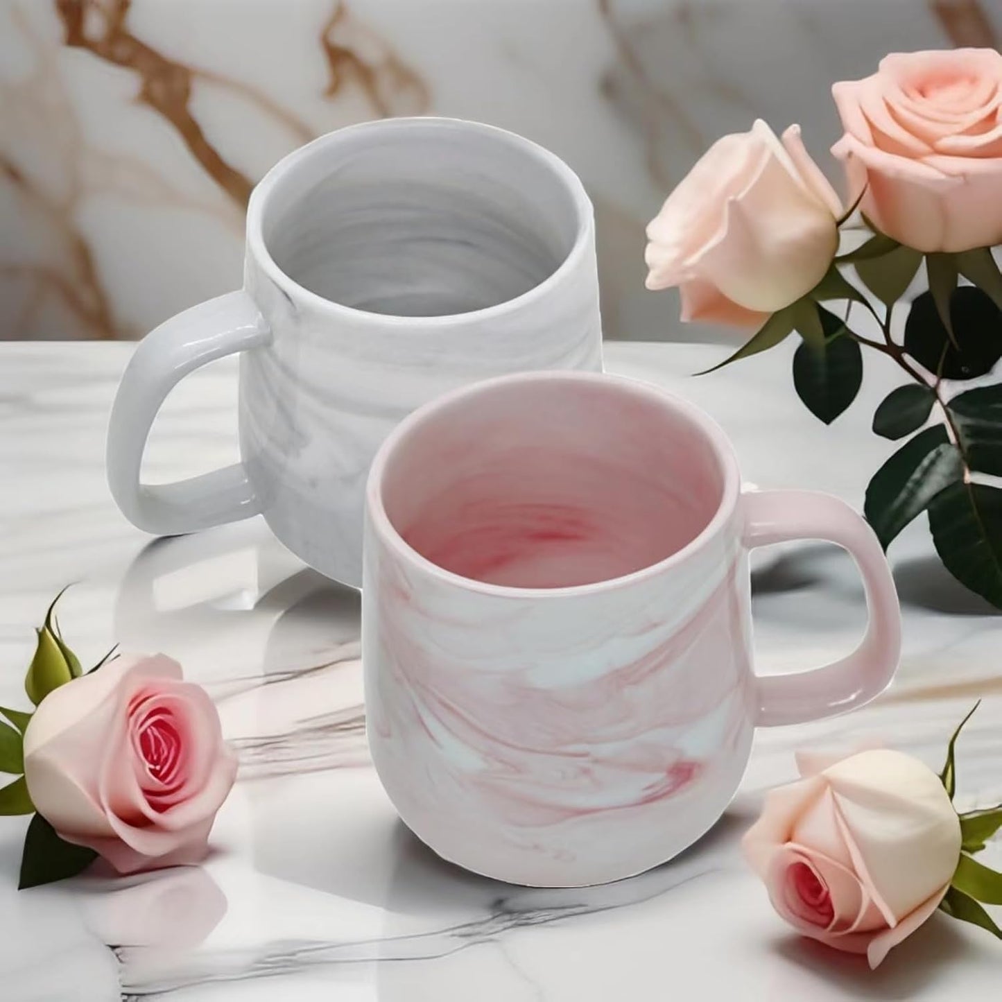 Ceramic Coffee Mug Set of 2, Gray and Pink Marble Pattern Procelain Couple Mugs, Stoneware Matching Cups, Dishwasher Safe, Microwave Safe, 13 oz