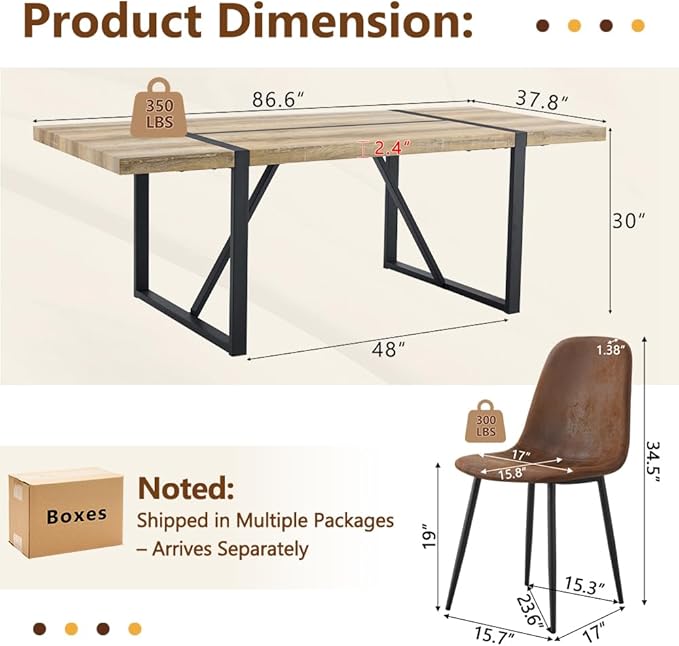 86.6" Dining Table Set for 8, Modern 9 Piece Wood Kitchen Table and Chairs Set, Rectangle Dining Room Table with 8 Suede Upholstered Chairs, Ideal for Home, Kitchen, or Apartment Dining