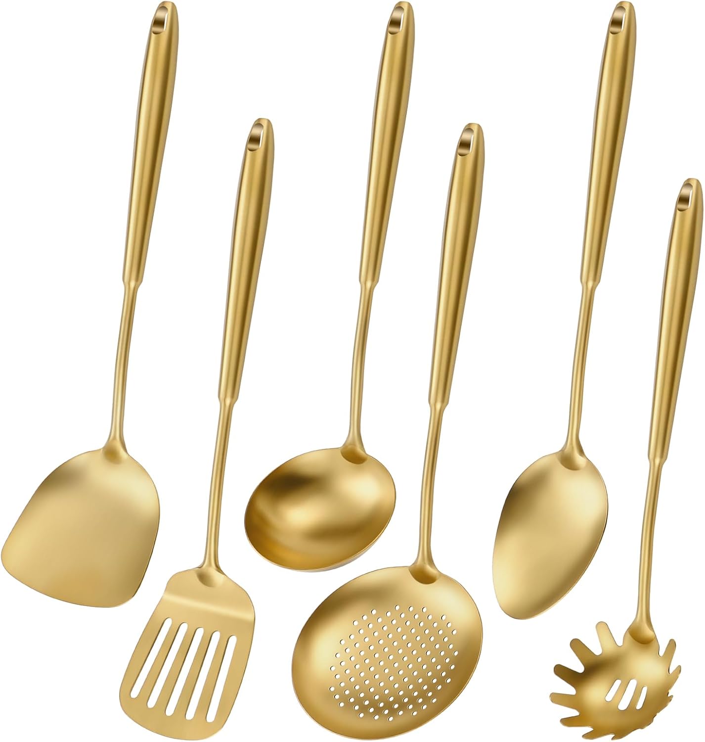 304 Stainless Steel Cooking Utensils,6 Pcs Kitchen Cooking Utensils Set with Spatula, Solid Spoon, Ladle, Skimmer, Spaghetti Spoon,Dishwasher Safe(Gold)