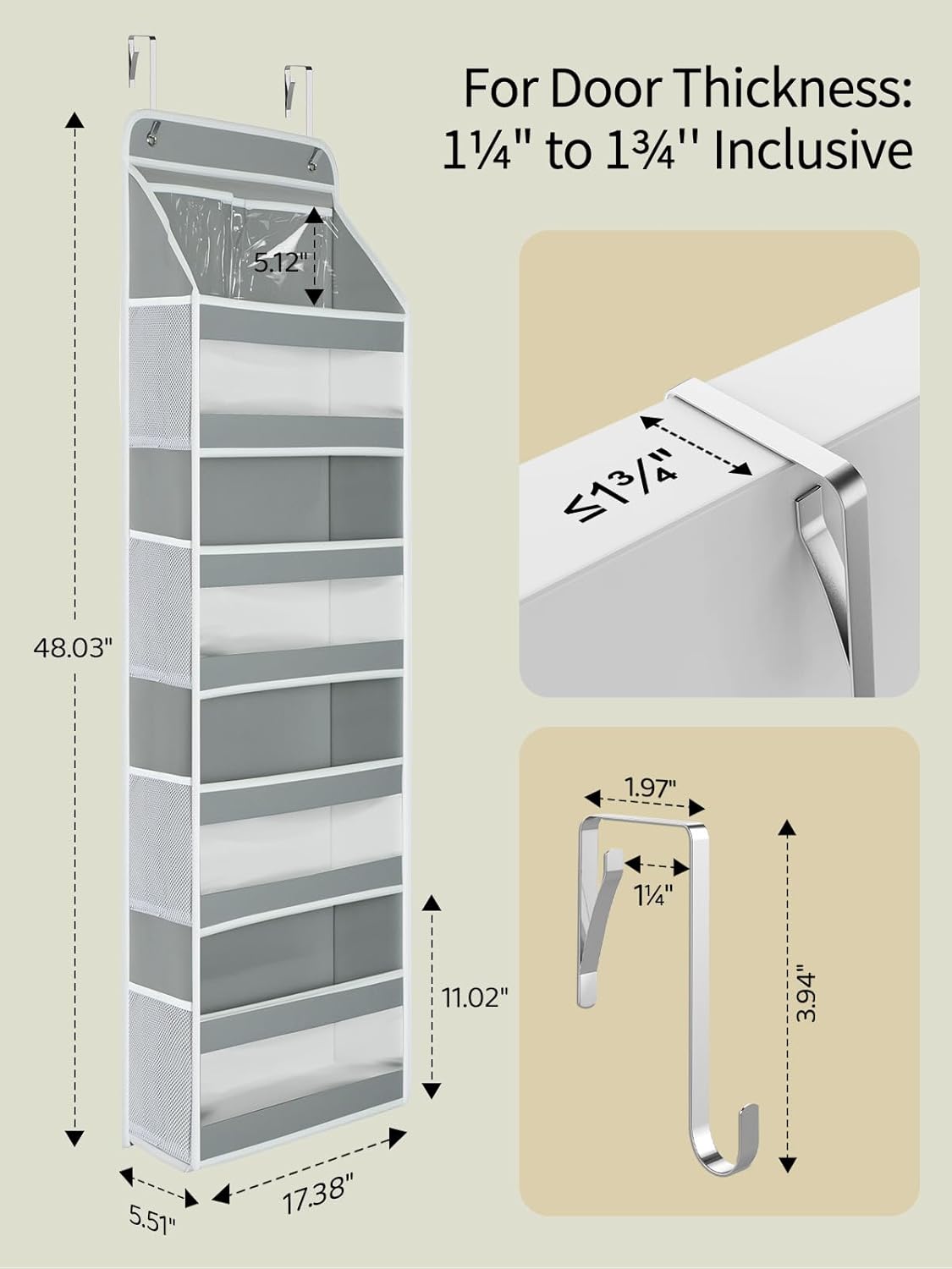Yecaye 5 Tier 2 Pc Over the Door Organizer, Swing-proof Door Organizer Hanging with Clear PVC Windows, Behind the Door Storage for Bedroom Nursery Closet Laundry Pantry Bathroom, Grey