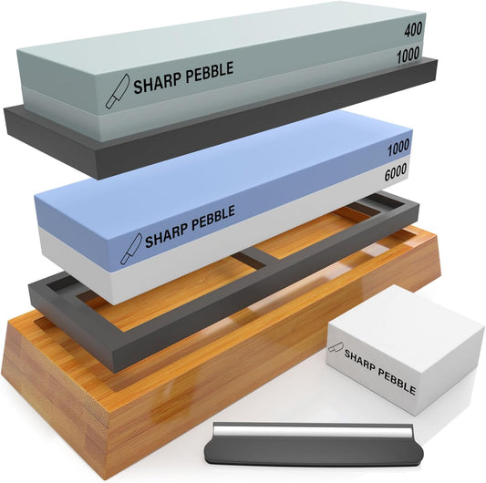 Sharp Pebble Knife Sharpening Stones Kit with 400/1000 and 1000/6000 Grit with Flattening Stone & Angle Guide