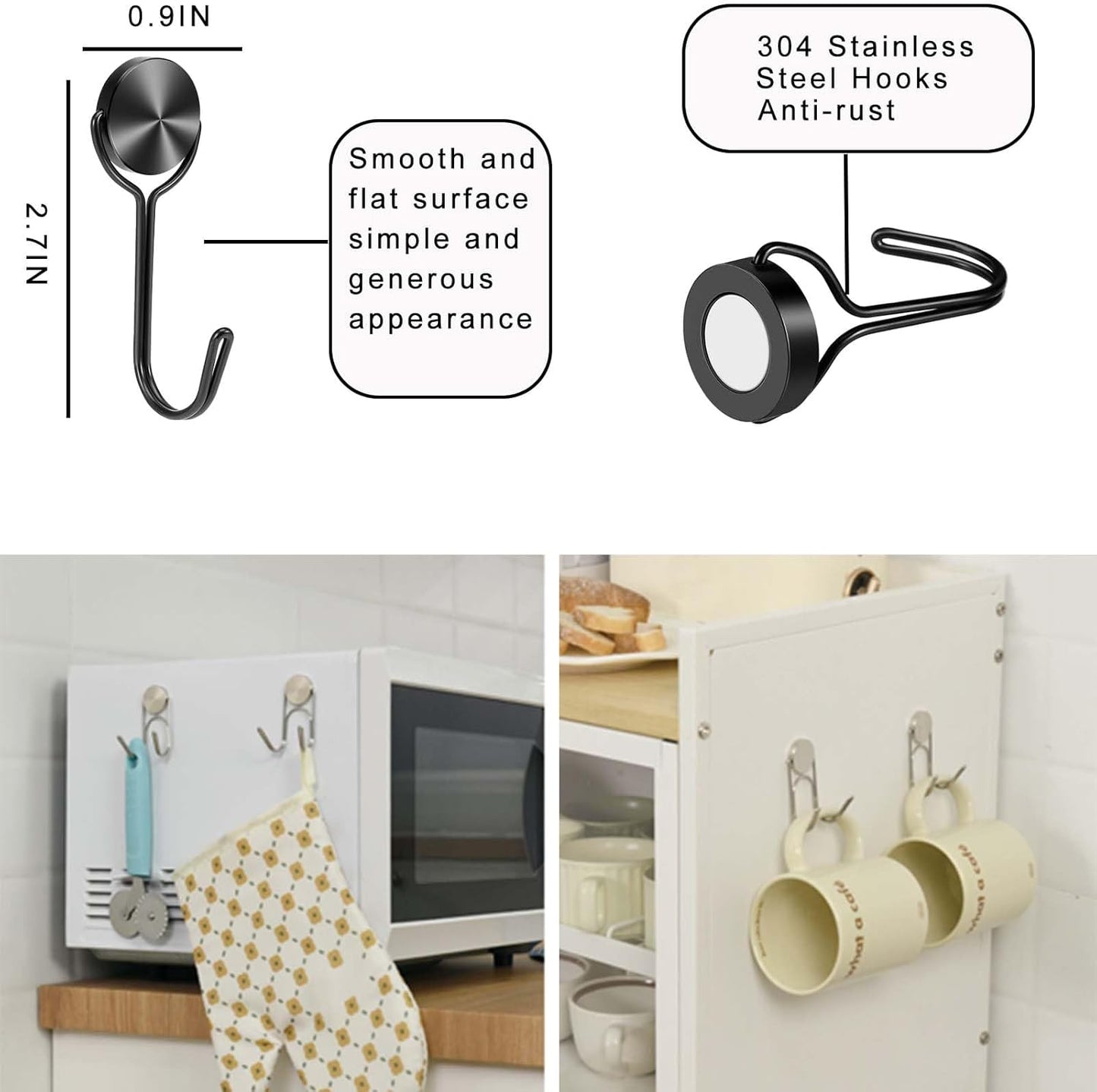 Magnetic Hooks, Magnet Hooks for Cruise Refrigerator Grill,Strong Magnets with Hooks for Home Kitchen, Garage Key Holder,8pack （Black,0.9in-1 15Lbs）