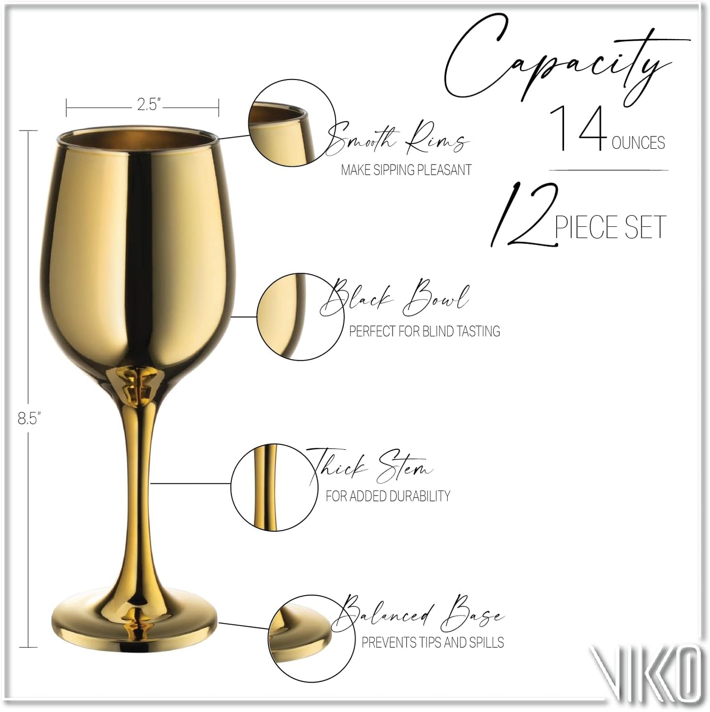Vikko Décor Wine Glasses, 14 Oz Fancy Wine Glass With Stem For Red And White Wine, Thick And Durable Wine Glass, Dishwasher Safe, Great For Wine Tasting, Set Of 12