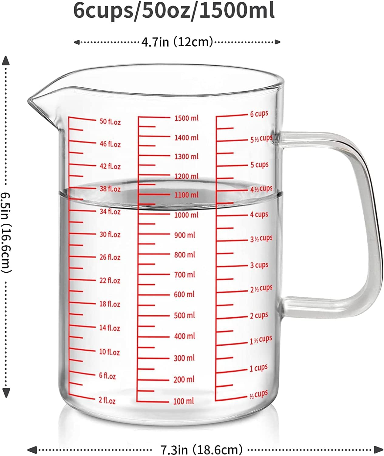 Luvan 6 Cups Glass Measuring Cup, Easy to Read with 3 measurement scales (Ml/Oz/Cup), Insulated Handle and V-shaped Spout, High Borosilicate Glass Measuring Cup, Ideal for Kitchen or Restaurant