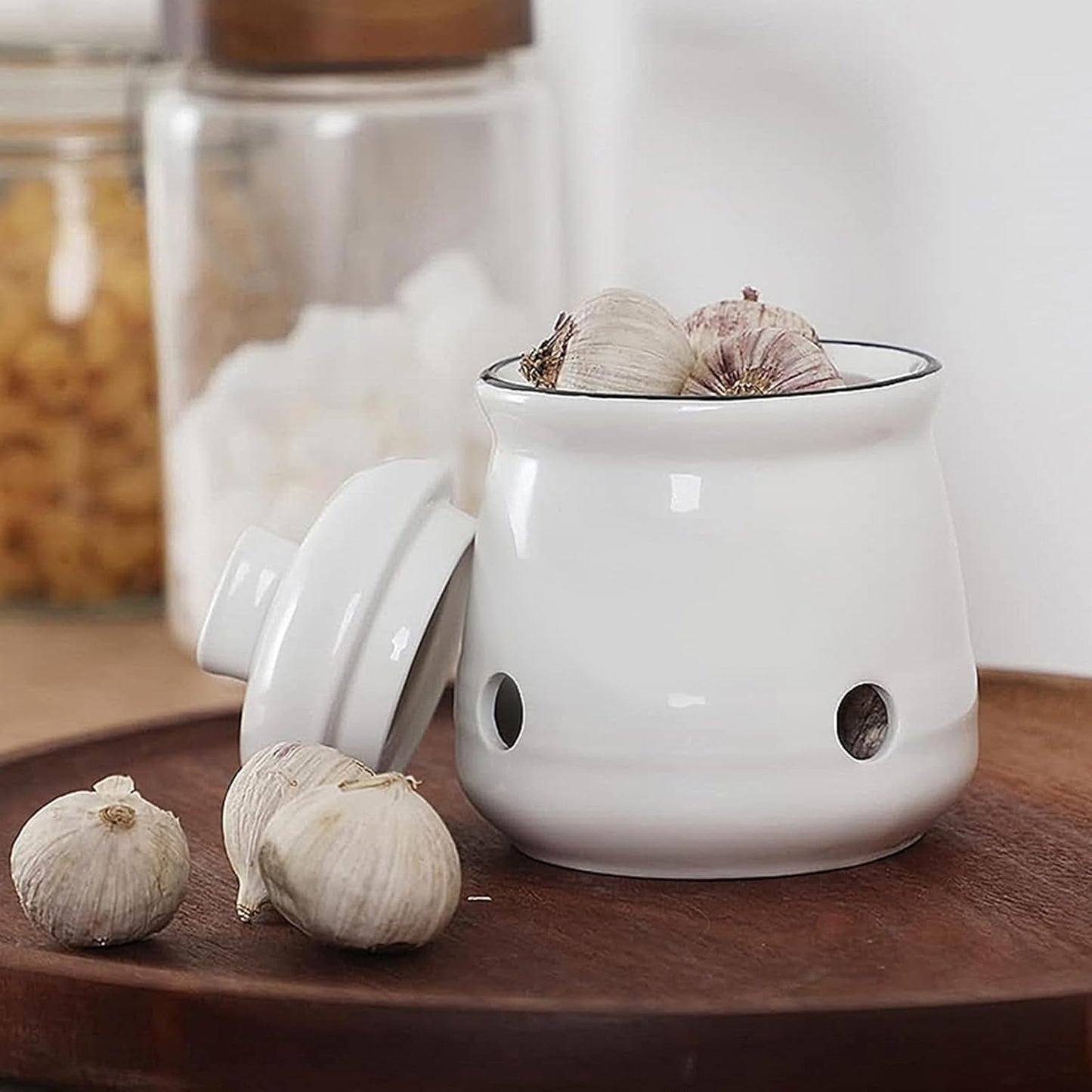 HAOTOP Ceramic Mini Garlic Keeper with Lid, Garlic Container Saver for Countertop, Keep Your Garlic Cloves Fresh (White)