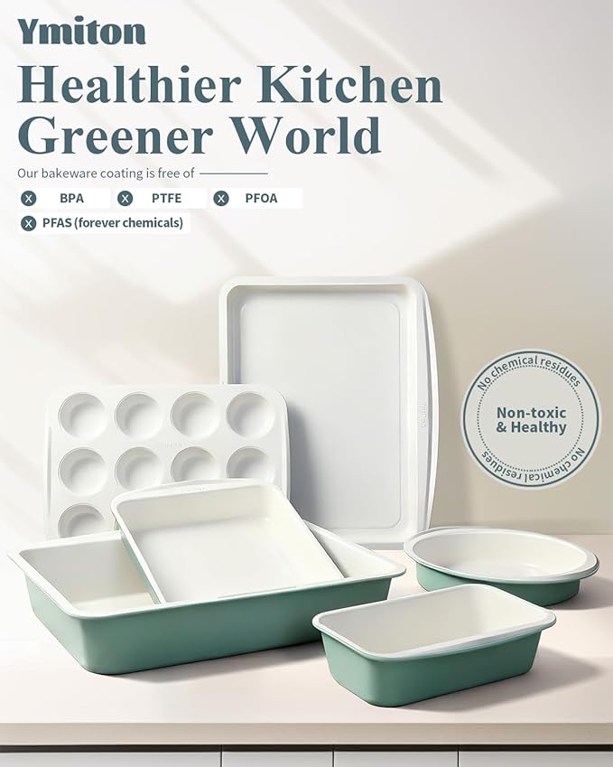 Ceramic Nonstick Baking Pans Set, Non Toxic 30 PCS Stackable Bakeware Sets, 550°F Oven Safe Baking Sheet & Pans, Warp-Free, Dishwasher Safe, PTFE/PFOA/PFOS-Free (Green)