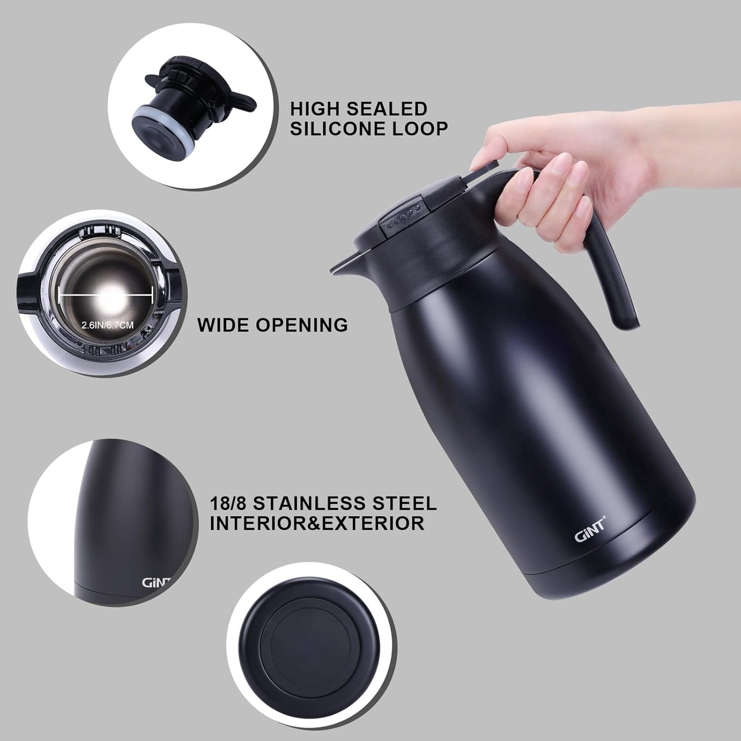 GiNT 1.9L / 64Oz Thermal Coffee Carafe, Insulated Stainless Steel Coffee Carafes for Keeping Hot/Double Walled Vacuum Thermal Carafe (Black)