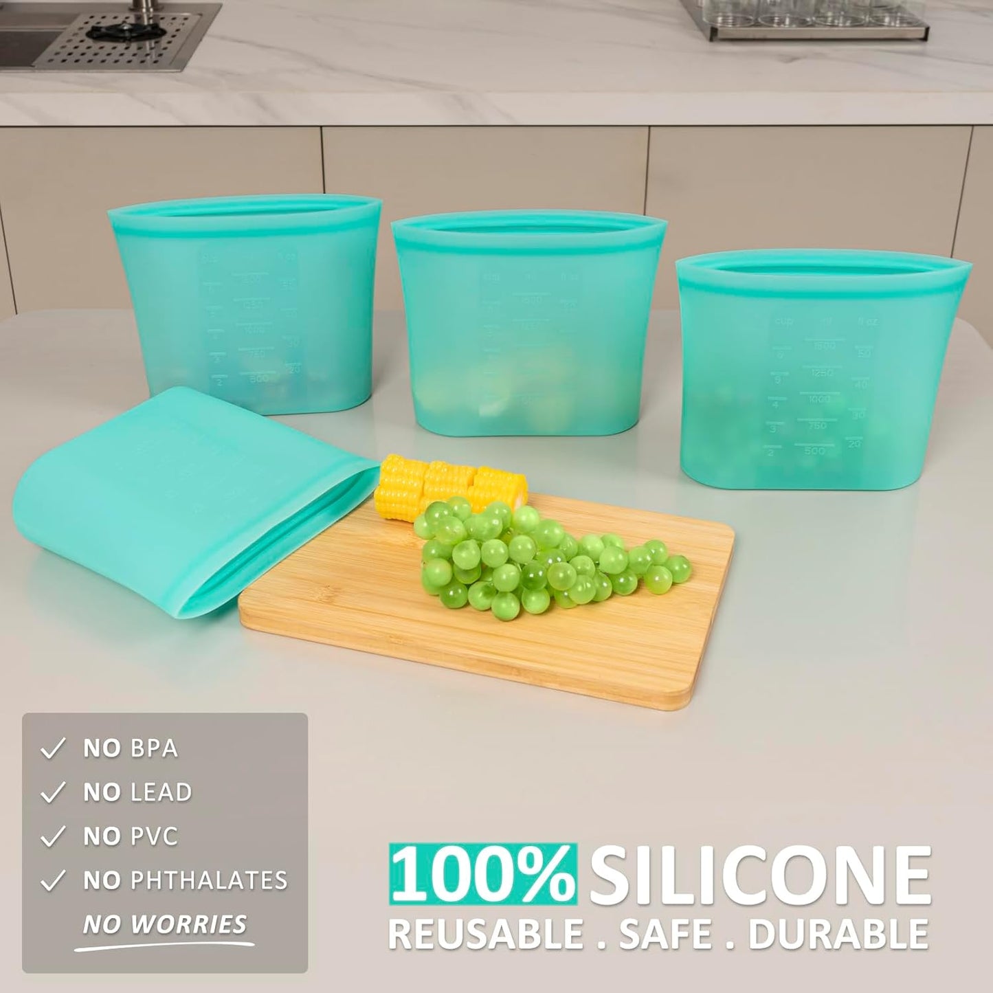 Large Reusable Storage Bag, 4 Pack 100% Silicone Food Storage Bags Stand Up Silicone Zip Lock Bags for Food Container, Freezer Microwave Oven Dishwasher Safe, Aqua, 50.7oz/ 1500ml