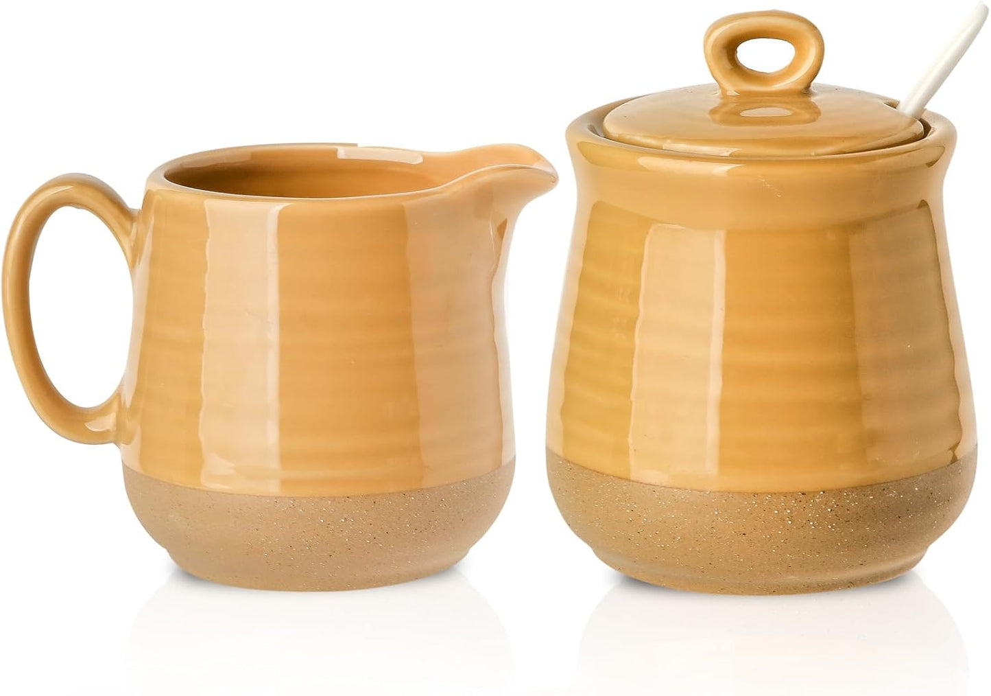 Hasense Sugar and Creamer Set, 11 Ounce Sugar Bowl with Lid and Spoon, 10 Ounce Creamer Container, Ceramic Cream and Sugar set for Coffee Bar, Dishwasher Safe, Yellow