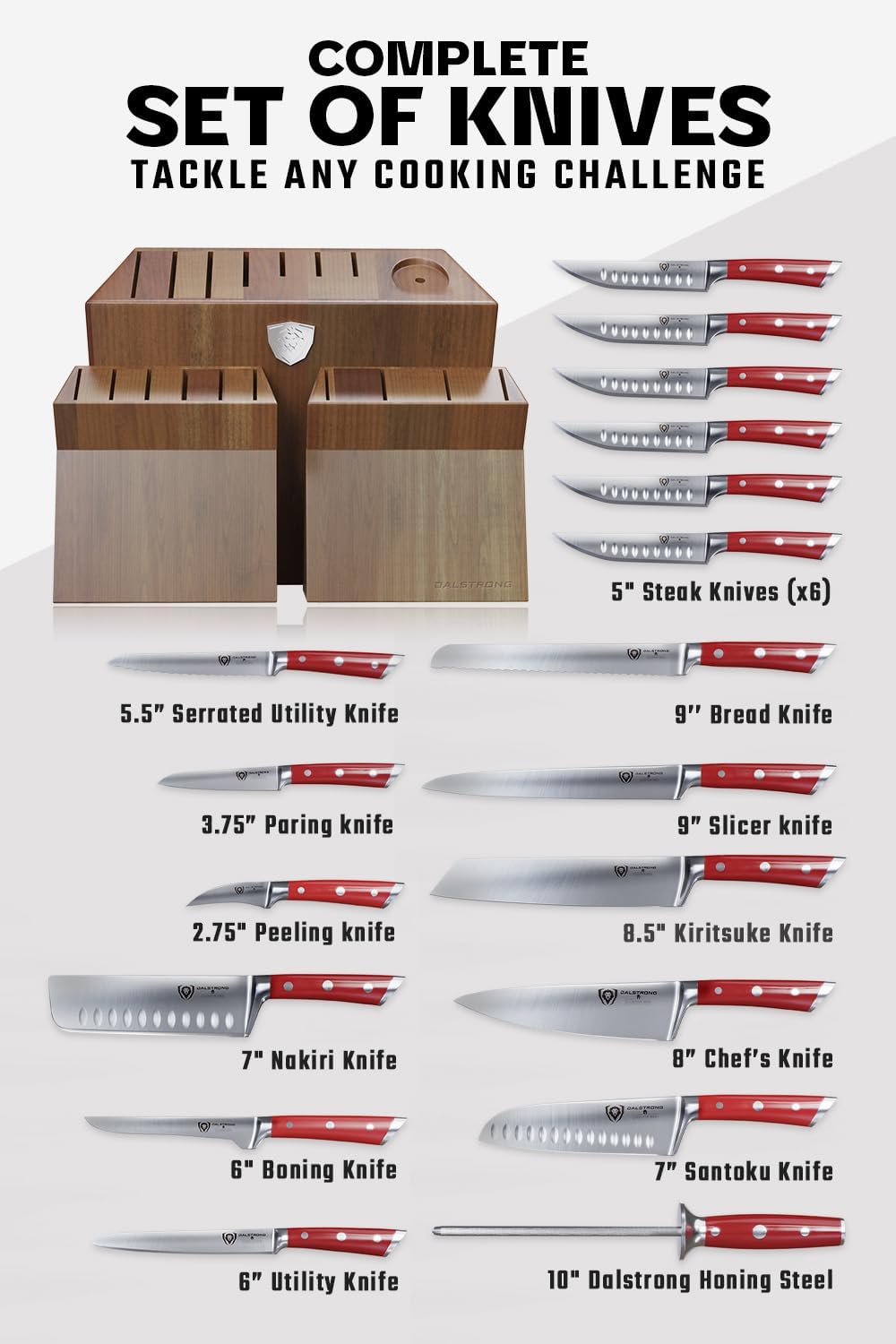 DALSTRONG Gladiator Series Elite-18pc Stainless Steel Knife Set with Block-High Carbon German Steel-Acacia Wood Block-Knife Set w/Red Handles-NSF Certified-Men's Valentines Gift