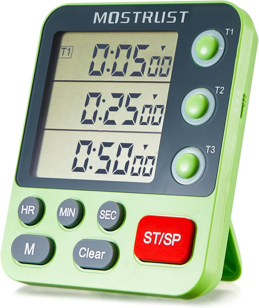 Digital Dual Kitchen Timer, 3 Channels Countdown Triple Timer for Cooking, Magnetic Memory-Preset Large-Display Adjustable Alarm Volume, Multi Times Management, 3A Battery Included, Green