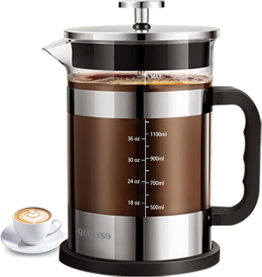 QUQIYSO French Press Coffee Maker 51oz 304 Stainless Steel French Press with 4 Filter, Heat Resistant Durable, Easy to Clean, Borosilicate Glass Coffee Press, Sliver