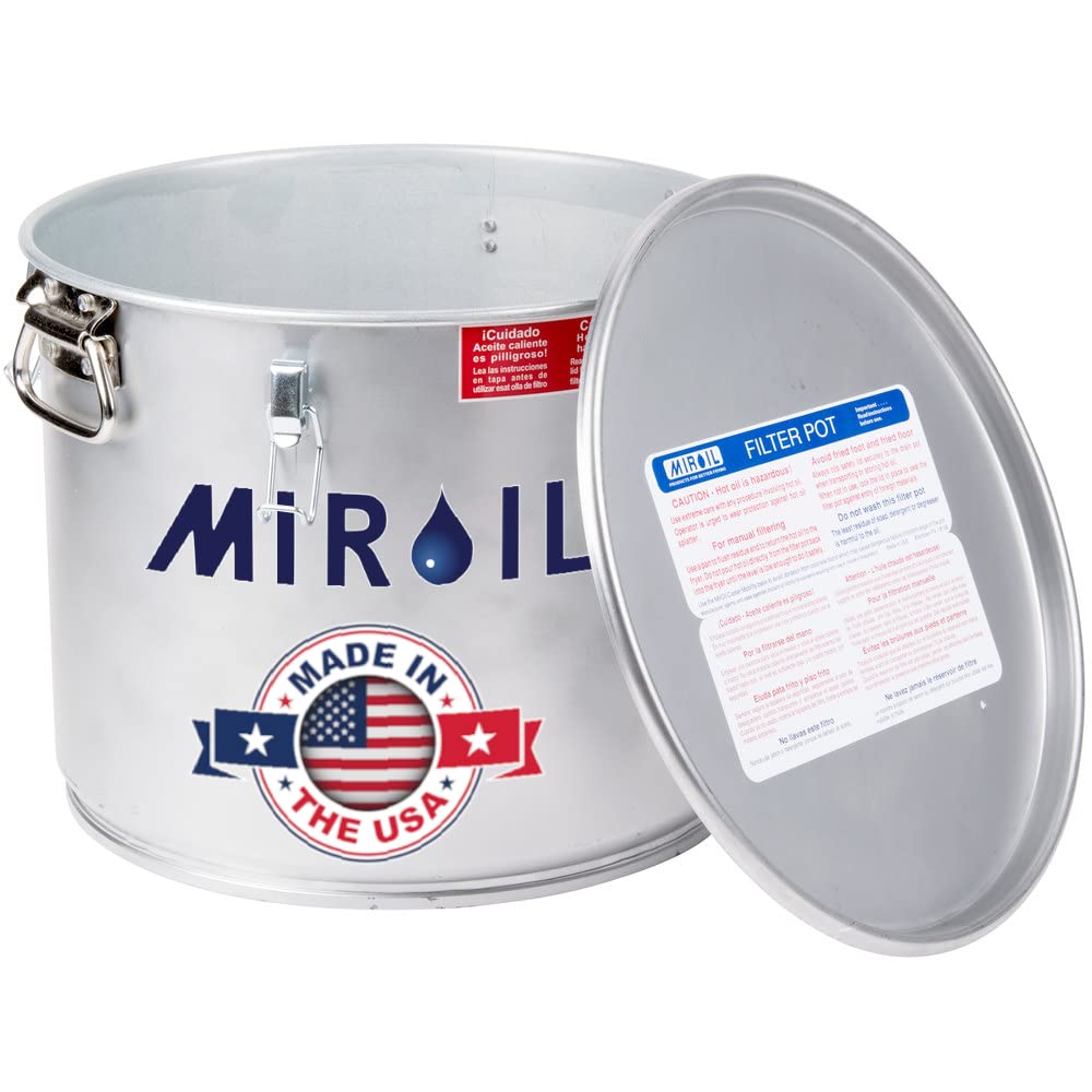 MirOil 5 Gallon Oil Grease Bucket & Filter Pot, USA Made Deep Fryer Grease Bucket Pot with Lid Lock & Lock Clip, 35Lb. Low Profile Container To Fit Under Drain Valves, Filtering Hot Cooking Oil - 40L