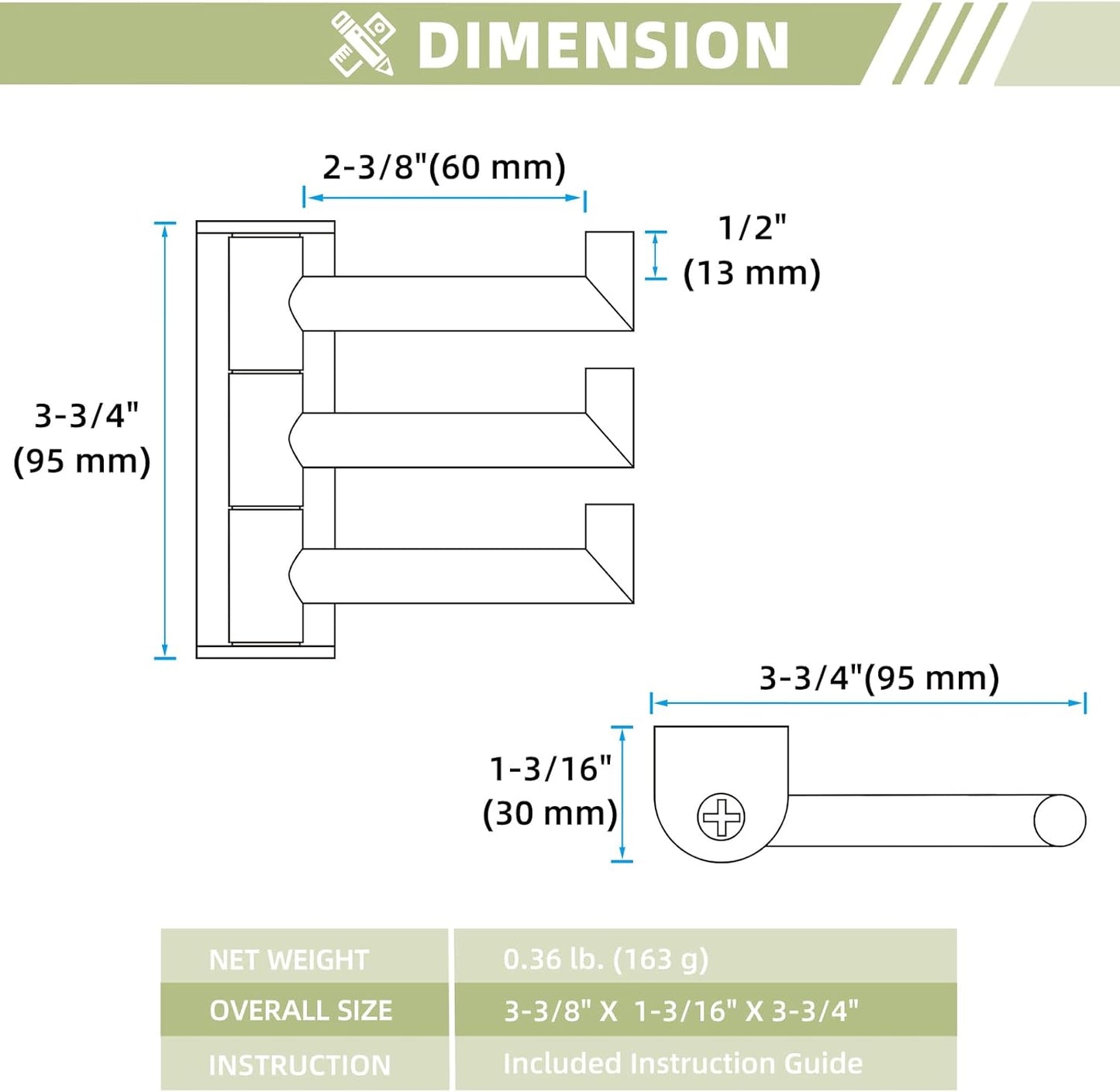 Suyar Towel Hook for Bathroom, SUS 304 Stainless Steel Swivel Coat Robe Holder with 3 Foldable Arms, Wall Hook Matte Black, 2 Pack