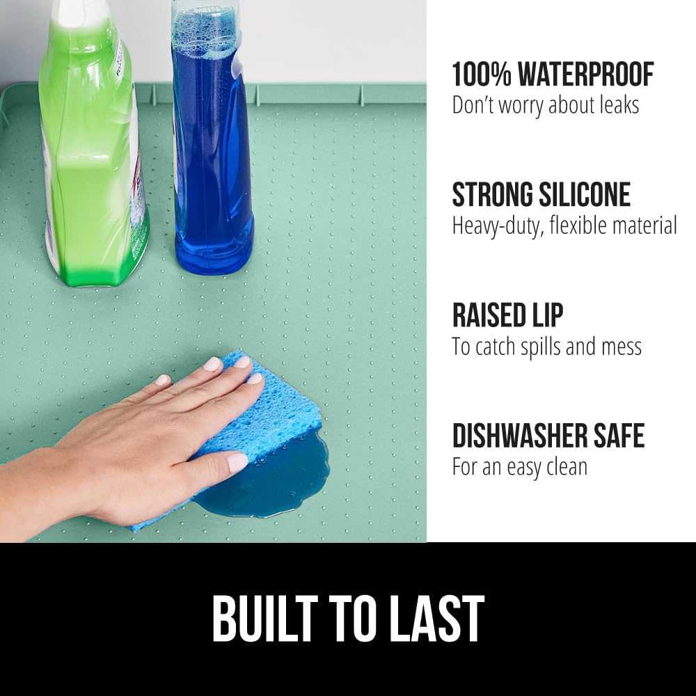 GORILLA GRIP Waterproof Silicone Under Sink Mat with Raised Lip for Kitchen and Bathroom, Cabinet Shelf Liner Stay in Place Mats Dishwasher Safe Drawer Liner, Organizer Tray, 19 x 22 in, Mint