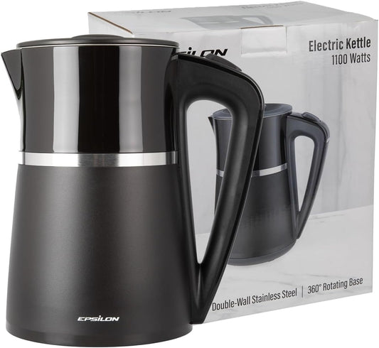 Epsilon Double Wall Electric Kettle 1500W – 1.7L Hot Water Tea Kettle & Hot Water Boiler with Auto Shut-Off, Boil Dry Protection, BPA-Free Stainless Steel Electric Teapot Fast Boil, Cool Touch Design