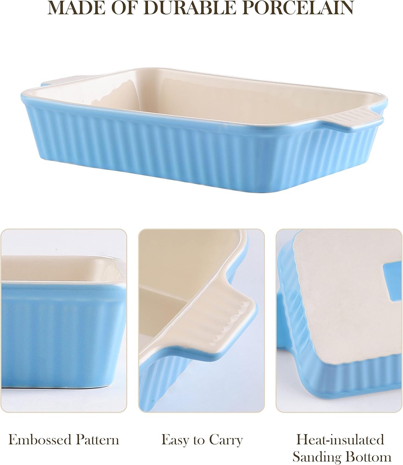 MALACASA Casserole Dishes for Oven, Porcelain Baking Dishes, Ceramic Bakeware Sets of 4, Rectangular Lasagna Pans Deep with Handles for Baking Kitchen, Blue (9.4"/11.1"/12.2"/14.7"), Series BAKE.BAKE