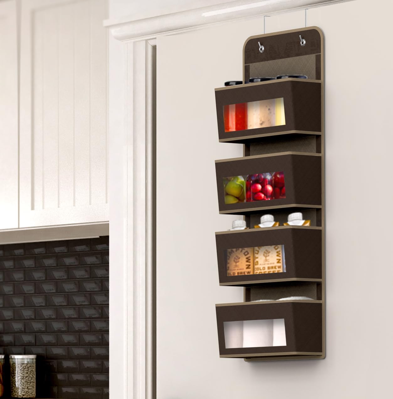 Simple Houseware 4 Clear Window Pocket Over Closet Door Storage Hanging Organizer for Bedroom, Bathroom, Pantry, Brown