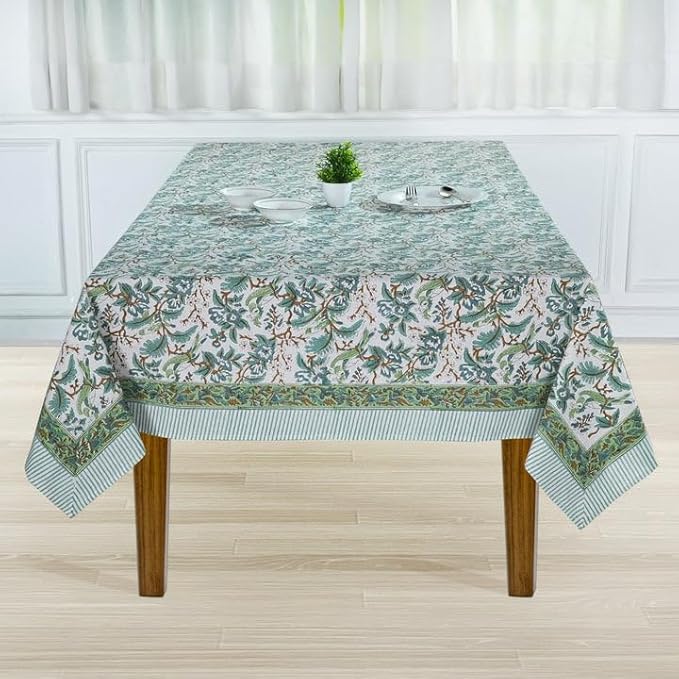 Ridhi Sage and Russian Green Hand Block Print Cotton Rectangle Tablecloth 160 x 72 inch-Reusable Table Cover Decorative Everyday Use for Dining Room, Farmhouse, Thanksgiving, Christmas Wedding, Fall