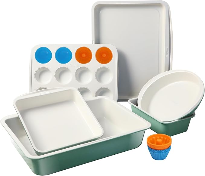 Ceramic Nonstick Baking Pans Set, Non Toxic 30 PCS Stackable Bakeware Sets, 550°F Oven Safe Baking Sheet & Pans, Warp-Free, Dishwasher Safe, PTFE/PFOA/PFOS-Free (Green)