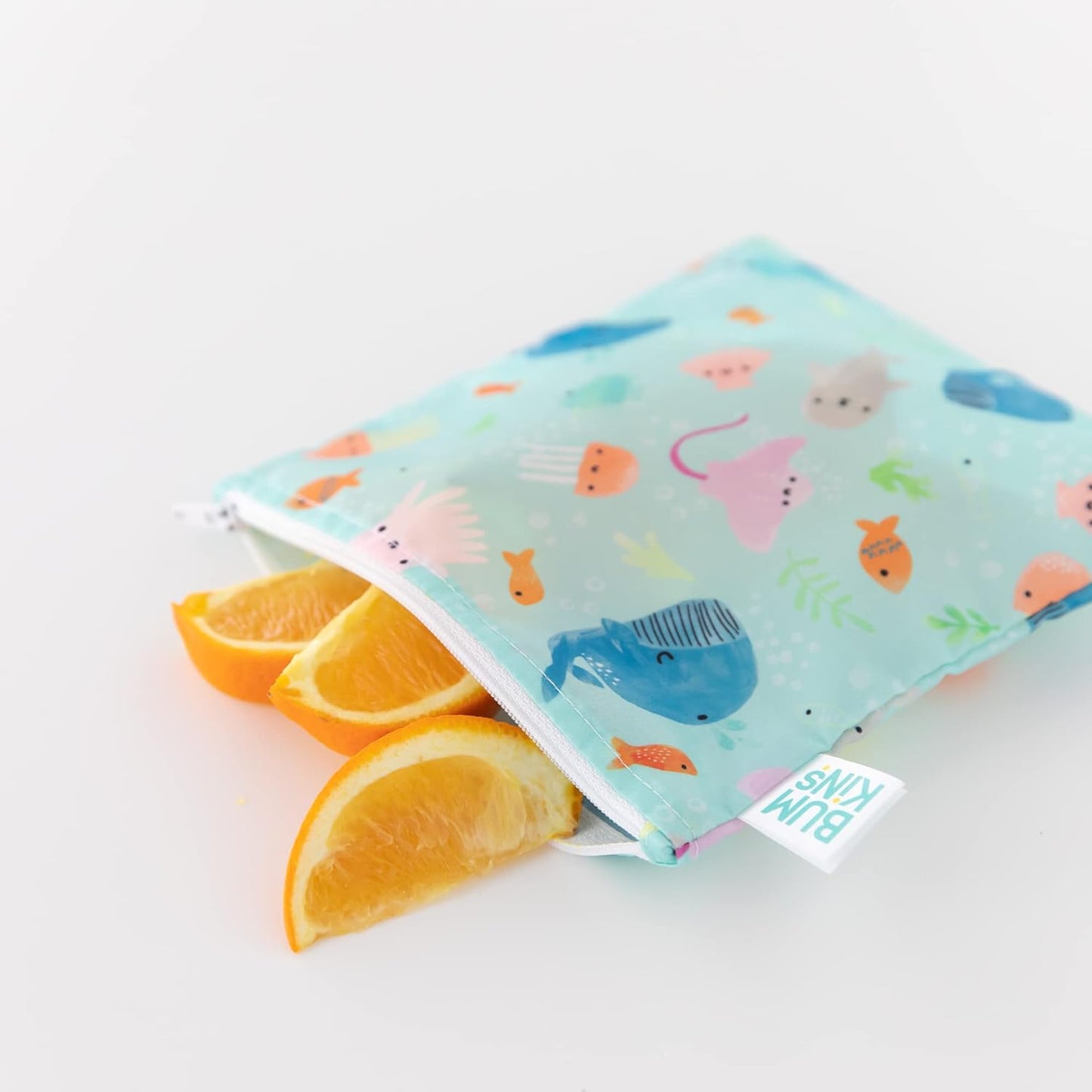 Bumkins - Cloth Snack & Sandwich Bags - For Storage, Travel, Food Prep, Lunch - Reusable, Water Resistant, Washable, Dishwasher Safe - Snack Bags for Kids - Zipper Closure - Ocean Life - 4 Pack