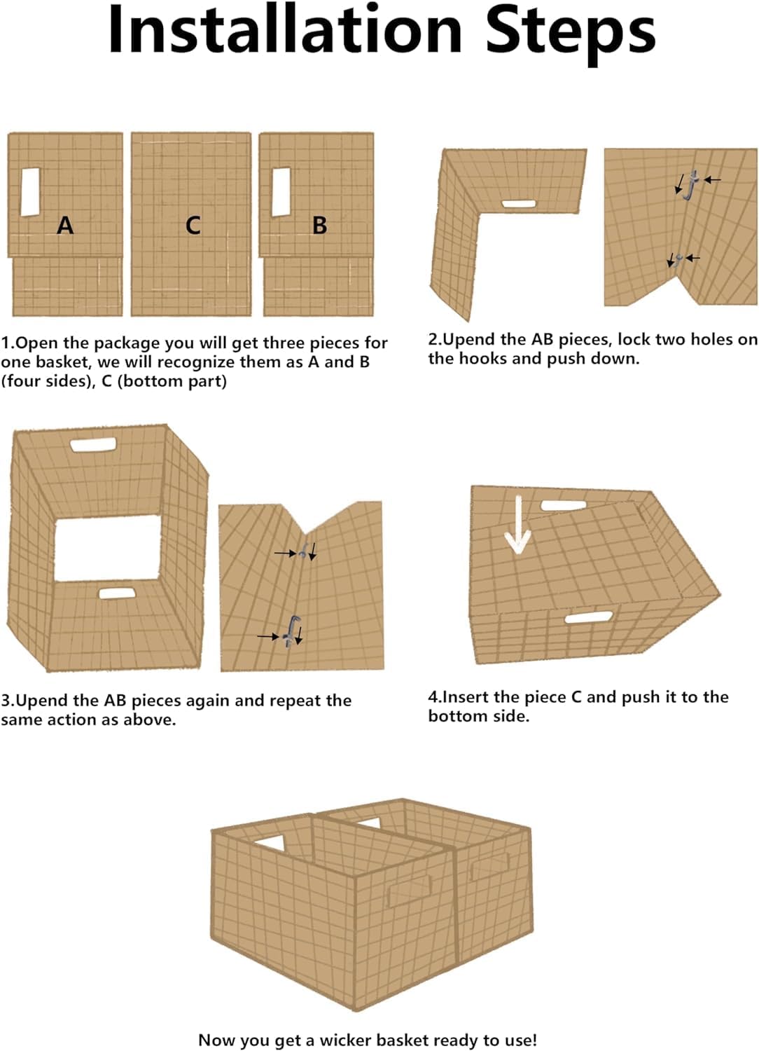 UBBCARE 2 Pack Wicker Basket, 13.4L×8.3H×7.1W inch Woven Paper Rope Storage Baskets for shelves, Foldable Rectangular Storage Baskets with Handle, Storage Basket for Organizing, Caramel