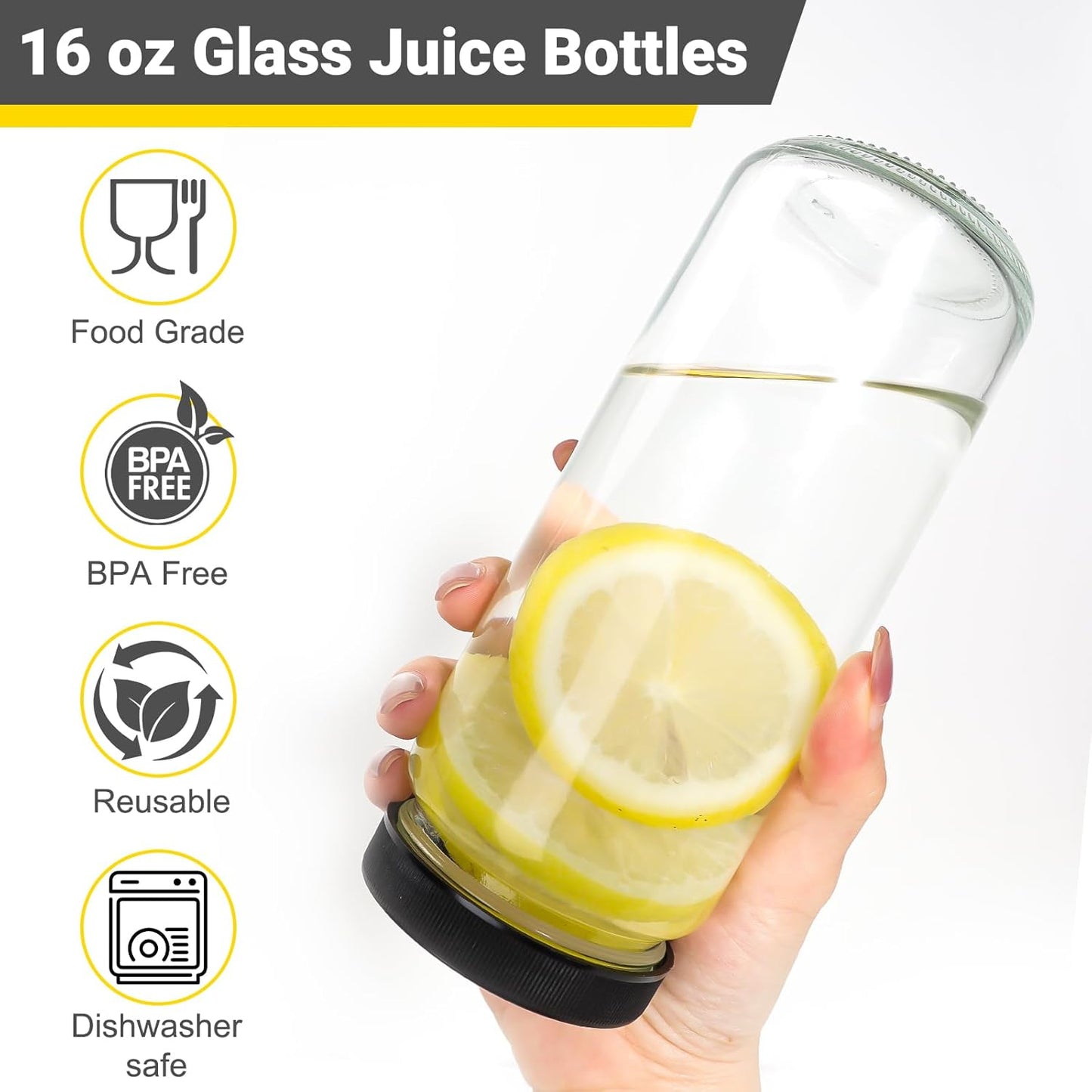 Keketin 16 oz Glass Juice Bottle with Airtight Lids,Set of 6 Wide Mouth Water Bottles for Beverages,500ML Reusable Empty Glass Drinking Jars for Juicing,Smoothies,Ginger and Milk