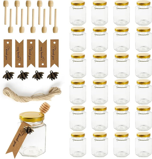12 Pack 4oz Glass Hexagon Honey Jars Golden Lids - Extra Wooden Honey Dipper Sticks, Bee Charms, Tag String, Thank You Gift Tags, Wedding Favors Gifts, Baby Shower Party Canning Jar(Bronze)