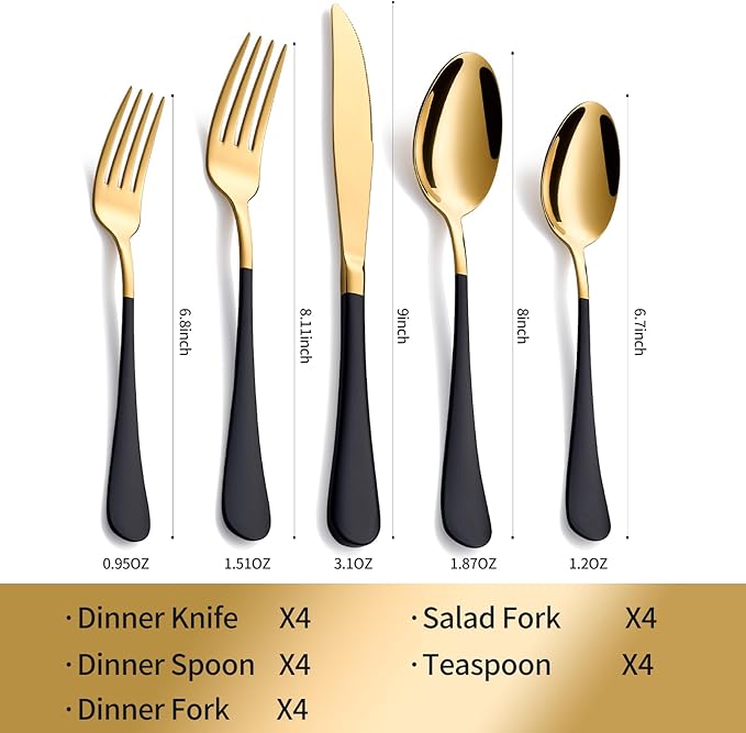 20-Piece Black & Gold Silverware Set, 18/0 Stainless Steel Colorful Handle Flatware Set, Service for 4, Modern Cutlery Set Includes Dinner Knives Forks Spoons, Mirror Polished, Dishwasher Safe