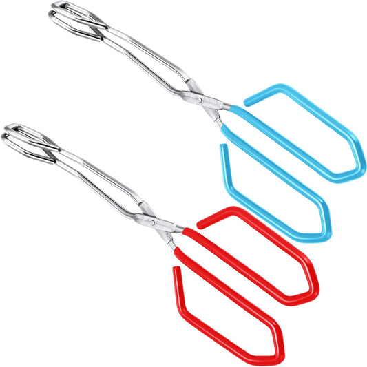 2 Pieces 10.6 Inch Stainless Steel Kitchen Scissor Tongs Heavy Duty Cooking Tongs, with Comfortable Red Blue Handle for Cooking Barbecue Food, Dishwasher Safe